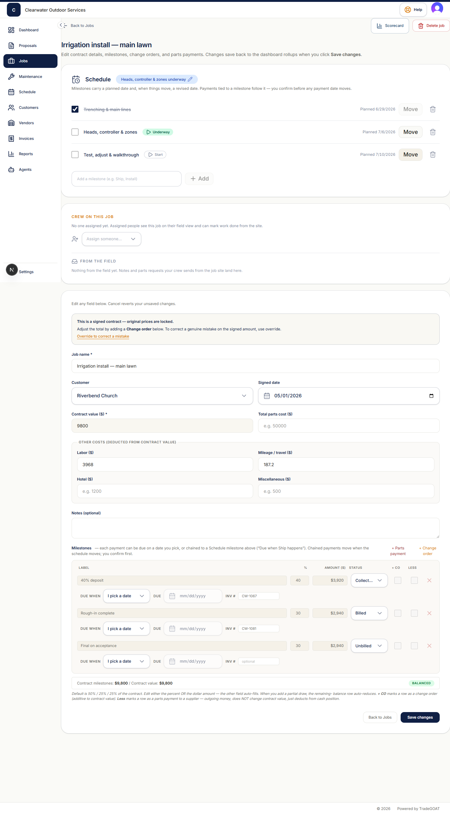 A live job scorecard — bid vs actual by cost bucket